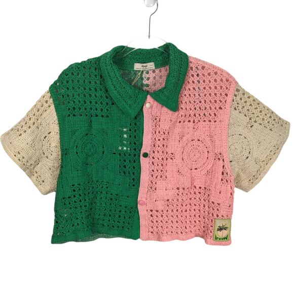 Maaji Rainbow Sicilia Shirt Colorblock Crochet Cropped Shirt Green Pink S/M NWT - Picture 1 of 10